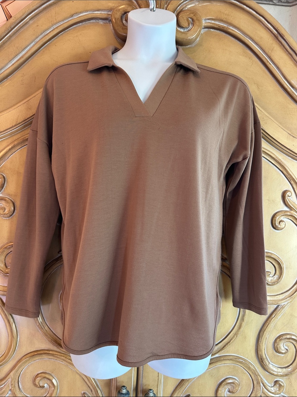 Relaxed Brown Polo-Style Long Sleeve Shirt